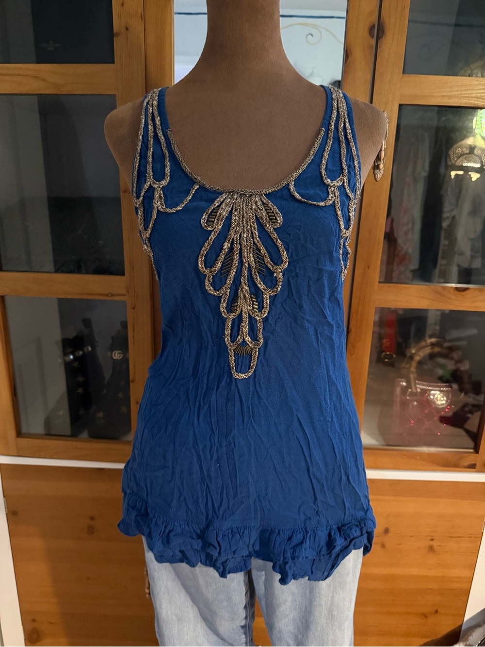 Free People Royal Blue Beaded Scoop Neck Tank